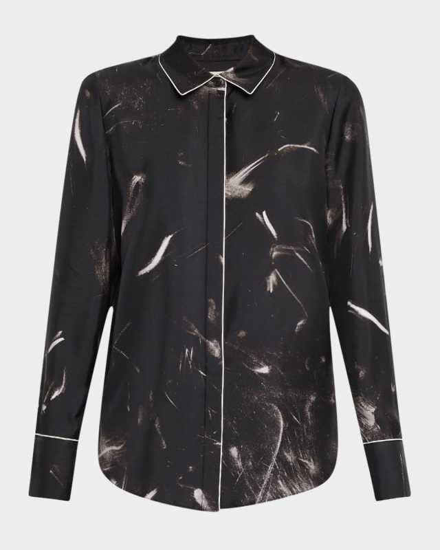 Scottie Piped Abstract-Print Silk Blous